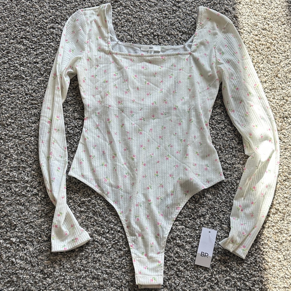 BP Cream Floral Ribbed Bodysuit
